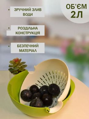 Универсальный дуршлаг-миска пластиковый для мытья фруктов и овощей 2 в 1 Mesh Strainer зеленый