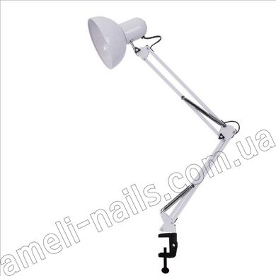 Настільна лампа на струбцині з металевим плафоном біла