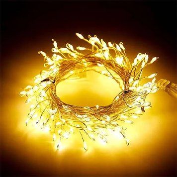 Гірлянда роса срібний дріт 200 LED на USB, 20 м з пультом д/к (тепле світло)