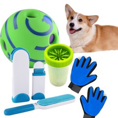 Набор для собак с игрушкой, перчатками для шерсти и лапомойкой