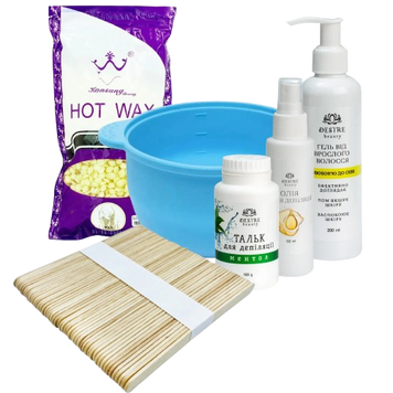 Набір для депіляції віск у гранулах Konsung Hot Wax 500 г: силіконова чаша, олія, гель від врослого волосся, тальк, шпателі