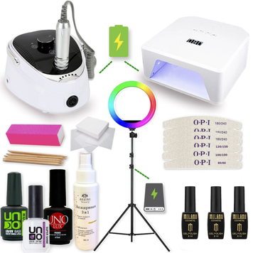 Стартовый набор для маникюра и педикюра на аккумуляторе: LED/UV лампа MJ02 + фрезер BQ 730 + кольцевая RGB лампа 26 см USB со штативом + расходные материалы