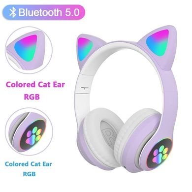 Светодиодные беспроводные накладные наушники с ушками Cat Ear Bluetooth 5.0 Фиолетовый